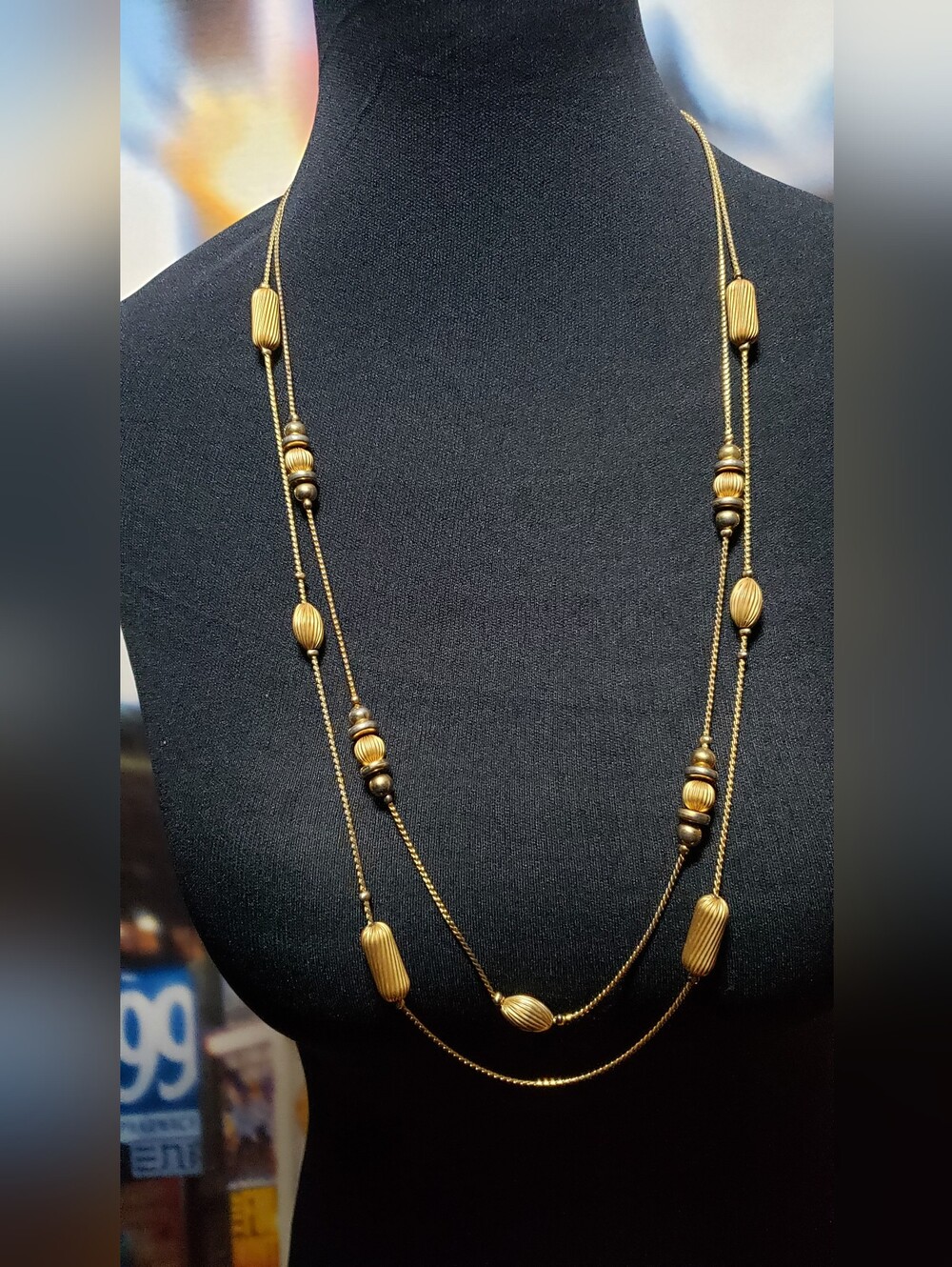 Matte Gold-Tone Double Strand Ribbed Beaded Necklace